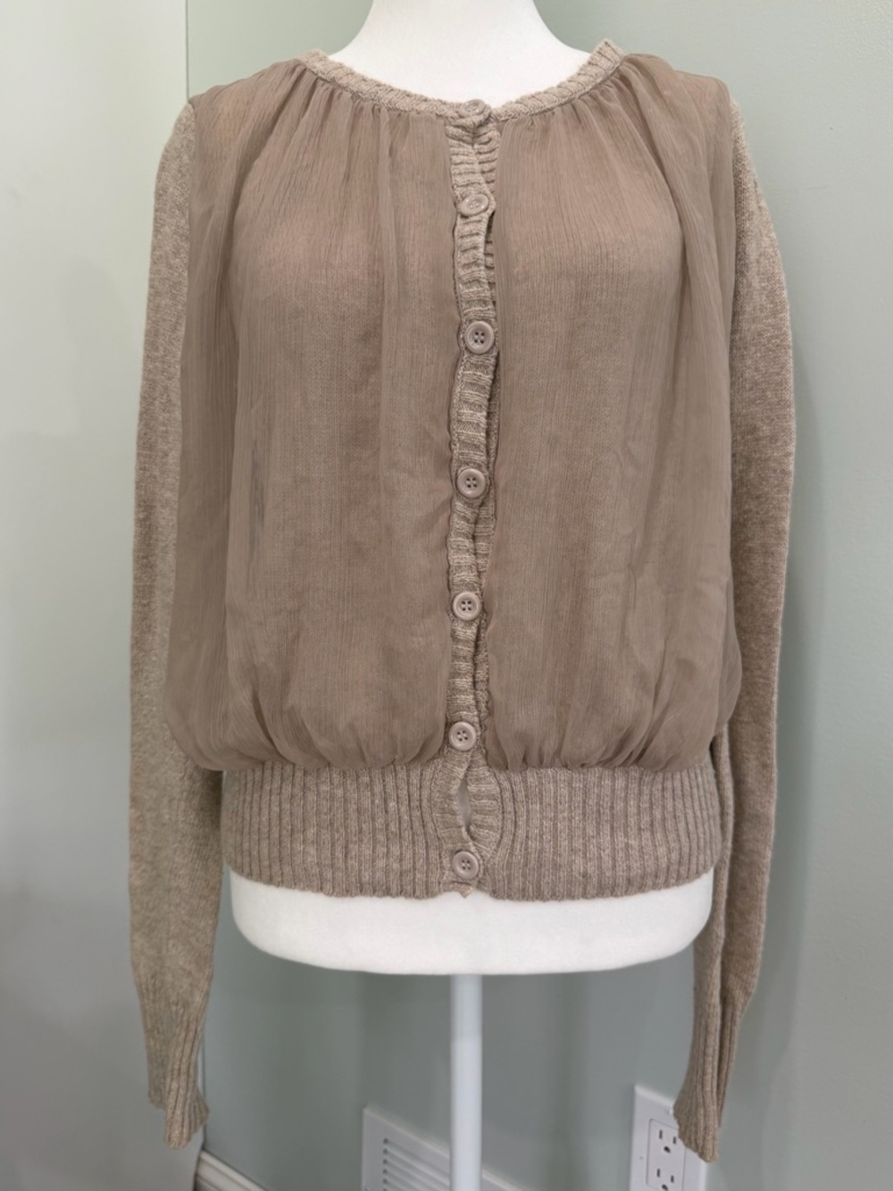 Zara Knit Long Sleeve Cardigan Sweater Medium Taupe Tan Button Up Sheer Panels